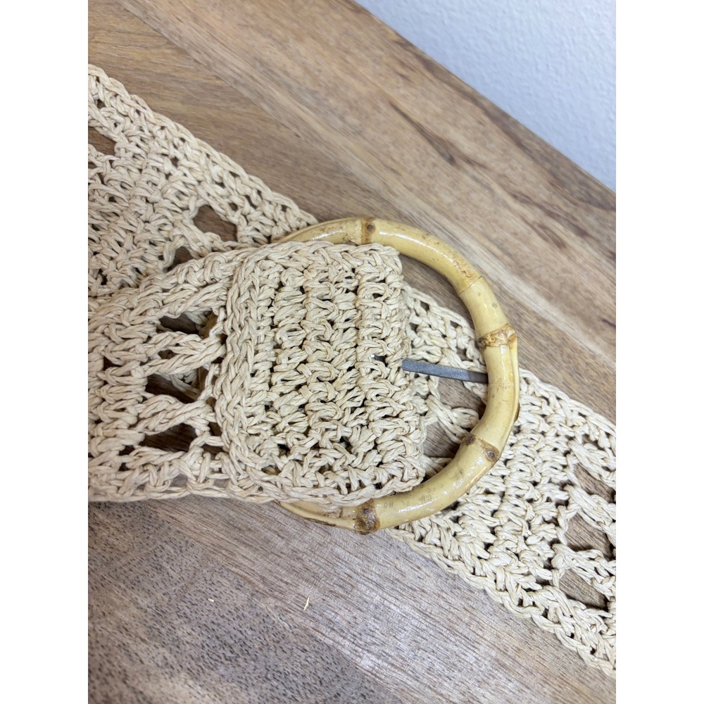 Boho Crochet Straw Look Waist Belt Beige Bamboo Ring Buckle Wide Woven OS